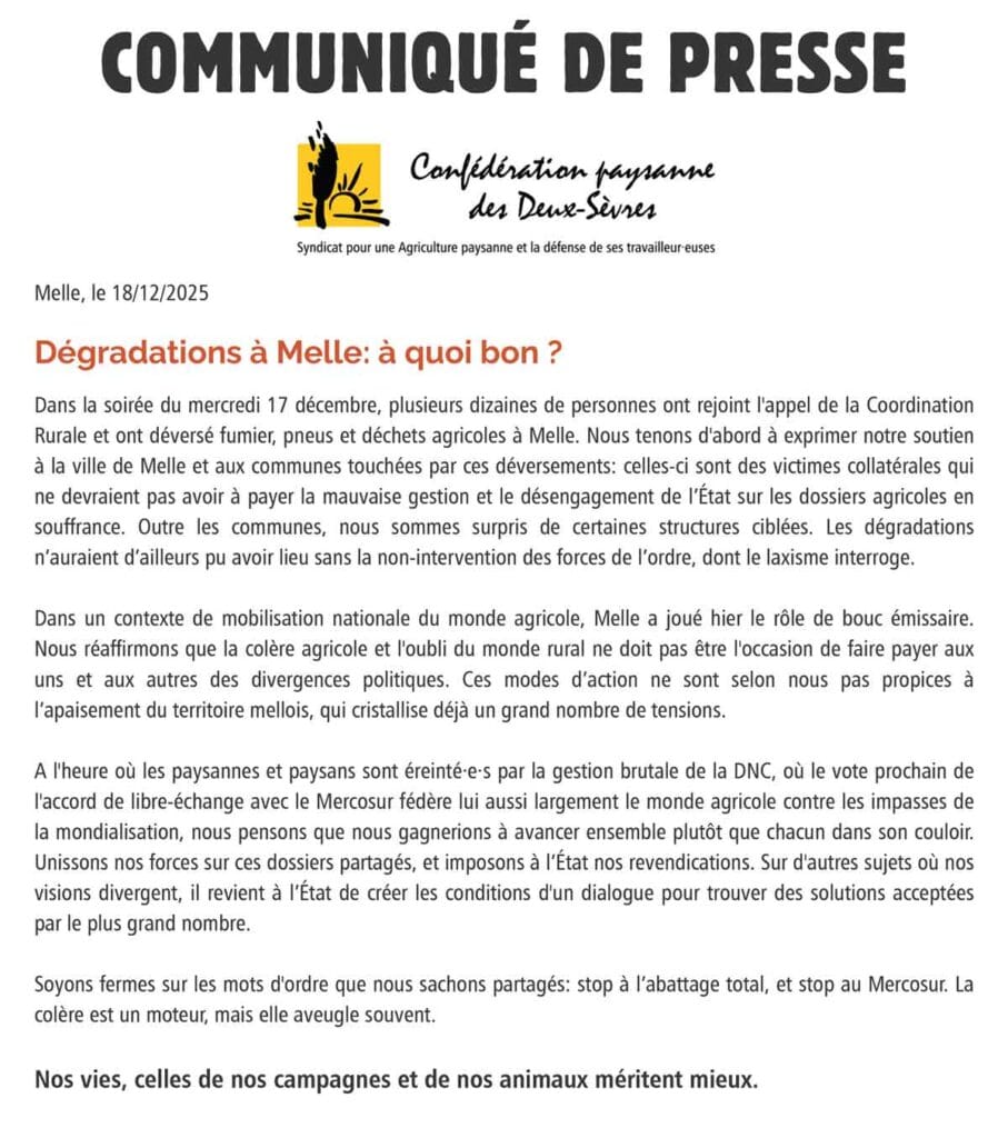 communiqué de presse de la Confédération Paysanne des Deux-Sèvres, jeudi 18 décembre 2025
