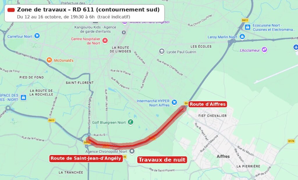 Carte du contournement sud de Niort avec la zone de travaux de la RD 611 surlignée en rouge, entre Aiffres et l’avenue Saint-Jean-d’Angély