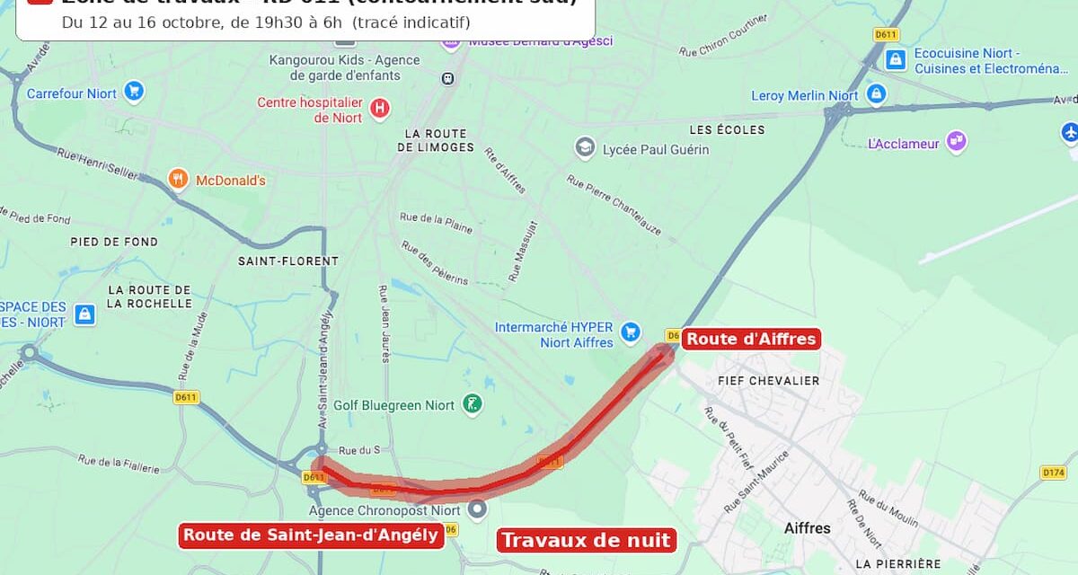 Contournement sud de Niort : travaux de nuit sur la RD 611 jusqu’au 16 octobre